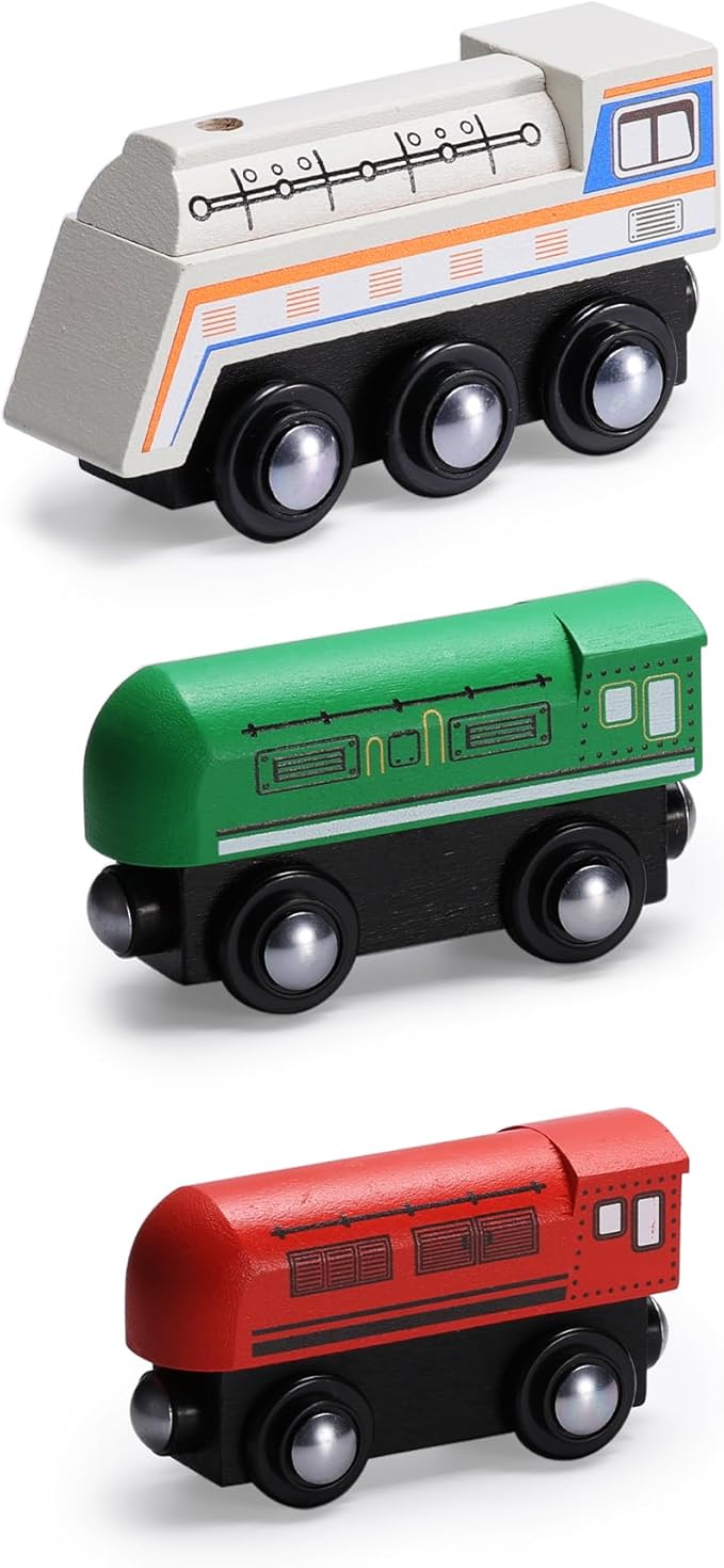Wooden Train Set 9 PCS - Train Toys Magnetic Set Includes 3 Engines - Toy Train Sets for Kids Toddler Boys and Girls - Compatible with All Major Brands