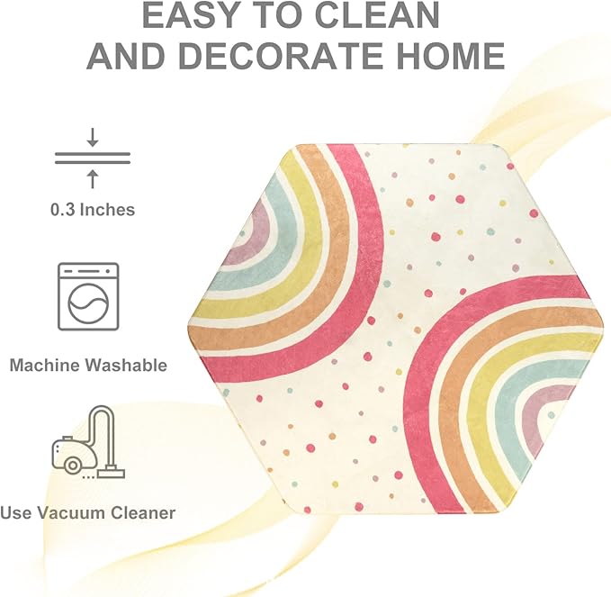 STARUIA Rainbow Rug for Baby Girls Bedroom, 55"x47" Washable Area Rug for Princess Tent Castle, Hexagon Non-Slip Nursery Rug Ultra Soft Play Carpet for Kids Room Playpen Dorm