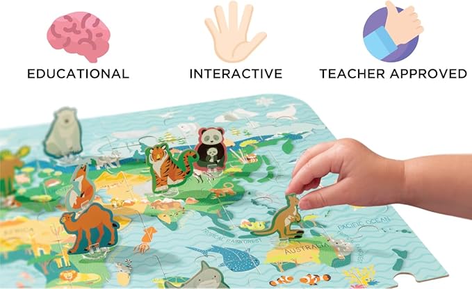 Stephen Joseph, World Map Puzzle Animal Biomes with 3D Animal Pieces – Includes 16 Play Pieces with Fun Facts and Stands, Includes 8.5 x 11 Poster, Jigsaw Puzzle for Girls & Boys 3+ Years