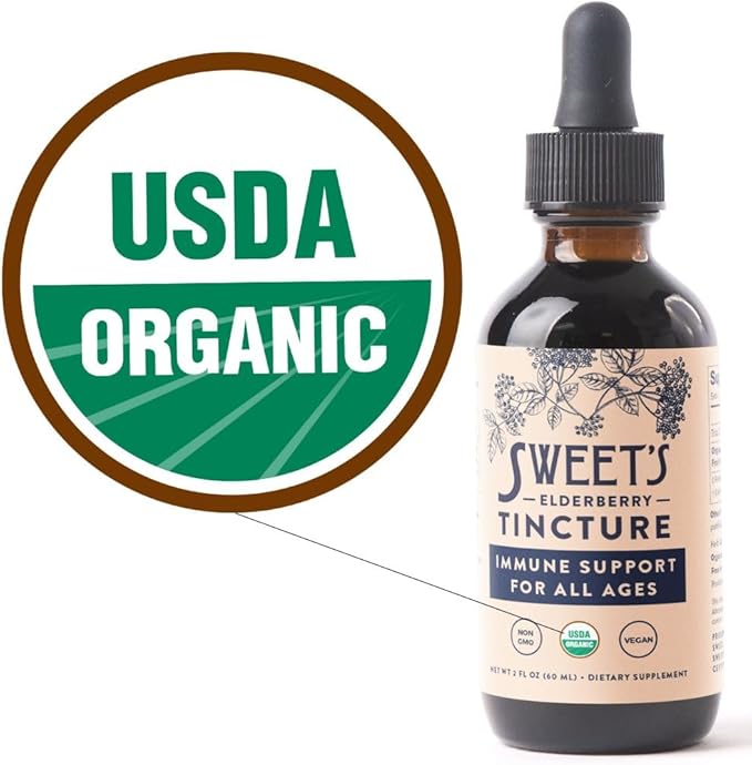 Sweet's Elderberry Tincture | USDA Organic | Alcohol-Free | Black Elderberry | Immune Support for All Ages | Travel-Friendly 2 oz Bottle with Dropper | Vegan | Keto | Non-GMO | Unsweetened
