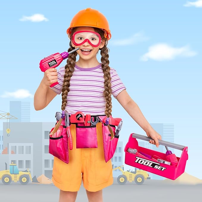LOYO Kids Tool Set - Toddler Tool Set with Kid Tool Belt Tool Box & Electronic Toy Drill, Kids Construction Toys for Girls Boys Gift for Toddlers Girls Ages 3 , 4, 5, 6, 7 Years Old
