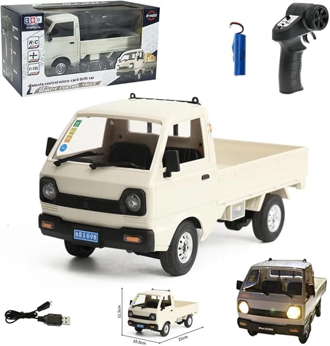 WPL D12 1/16 RC Truck for Adult, 2.4GHz Mini Truck Remote Control Drift Pickup Off Road Vehicle, 130 Motor Rear Drive 20KM/H Cargo Car with Led Light - 1 Battery