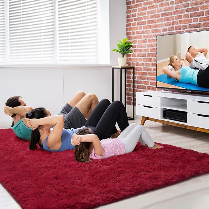 Amearea Premium Soft Fluffy Rug 4x5.3 Feet, Fuzzy Area Rugs for Bedroom, Shag Carpet for Living Room Nursery Kids Room Decor, Comfortable Indoor Furry Dorm Carpets, Wine Red