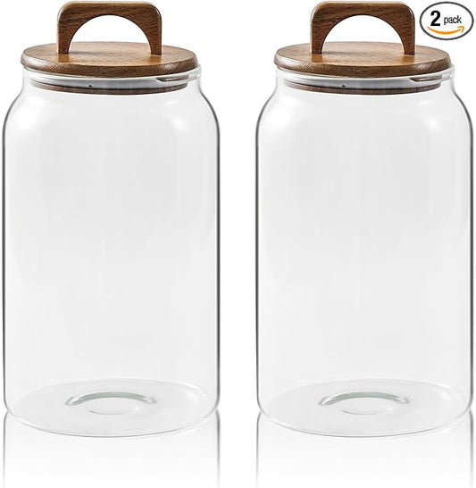 Sweejar Large Glass Candy Jars with Wooden Lids, 1 Gallon Glass Jar with Lid, Sugar/Flour Storage Containers, Big Glass Canisters with Airtight Lid, 2 Pack, Hand Lid