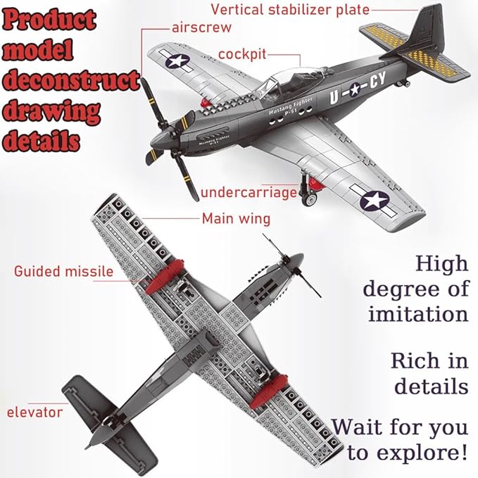 P-51 Fighter Plane Military Fighter Air Force Building Block Set,WW2 Military Airplanes Model,Aircraft Plane Brick Building Set Toy Gifts for Kids and Adults,258PCS