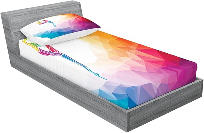 Ambesonne Gymnastics 2 Pack Fitted Sheet & Pillow Sham Set, Polygonal Girl Motif, 4 Pcs Bedding Decor, Package Contains 2 Twin Size Fitted Sheets & 2 Pillow Covers, Rainbow
