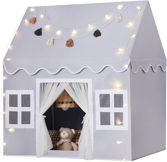 Kids Play Tent Indoor: Mat, Tassel Garland, Star Lights - Gray Girl Tent Playhouse for Toddlers Kids Toys for Boy Girl Birthday Gift