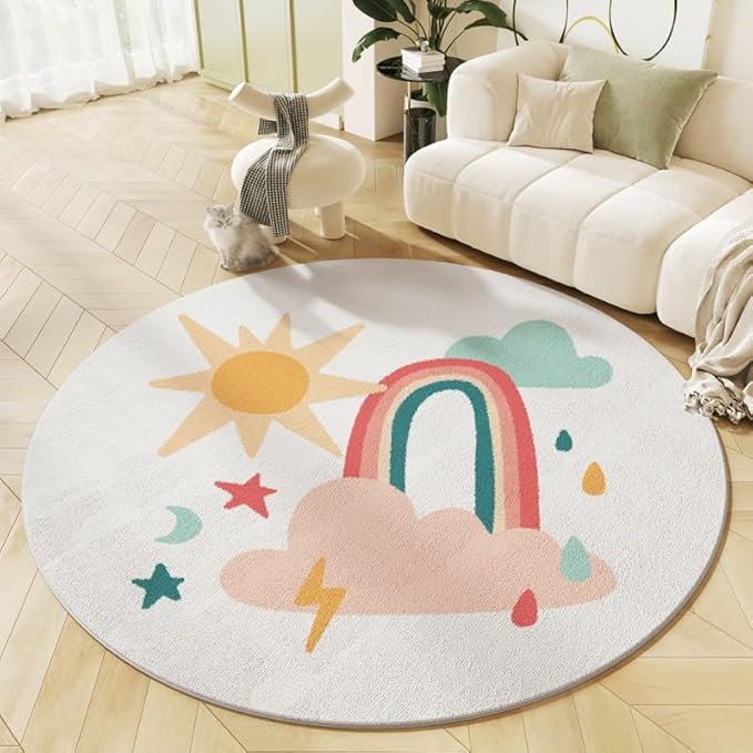 Poowe Round Kids Playroom Rug - Soft Alphabet Nursery Rug for Bedroom - Playtime Collection, Learning & Game Carpet for Classroom, Best Shower Gift for Infant Toddlers (Round 39.4", Weather)