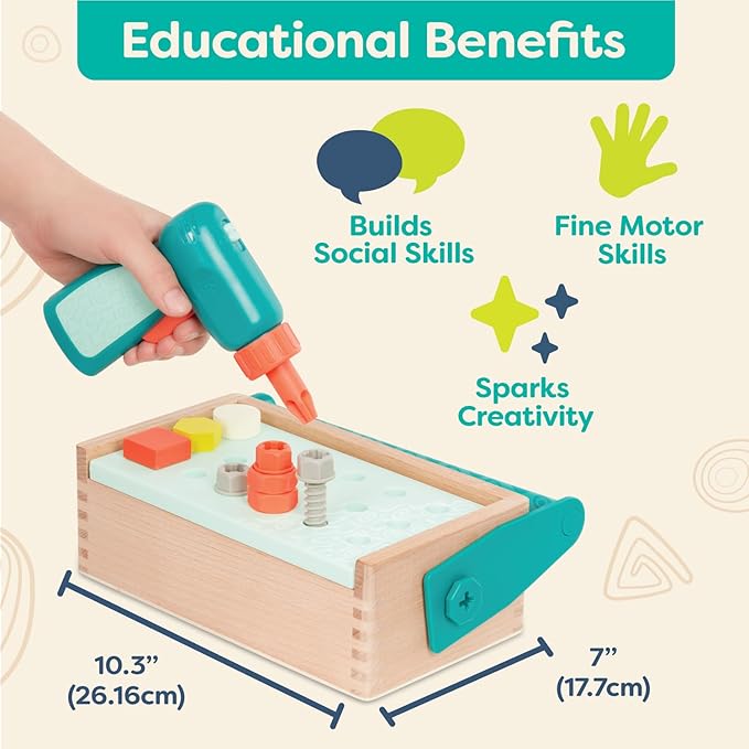 B. toys- Fix ‘n’ Play Kit- Pretend Play Tool Box – Wooden Toolbox & Accessories (25 Pcs) – Carpenter Set for Kids – Play Set with Drill, Hammer, Screwdriver & More – 3 Years +