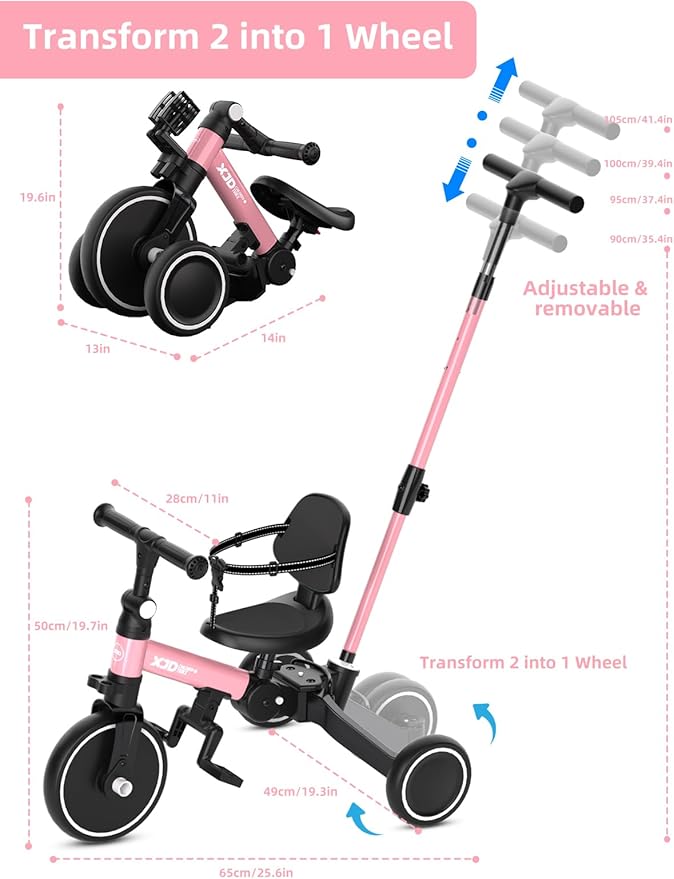 XJD Toddler Bike, 6 in 1 Folding Toddler Tricycle for 1-4 Year Old with Push Handle, Balance Bike with Removable Pedal,Backrest, Adjustable Seat Height and Handle, First Birthday Gifts (Pink)