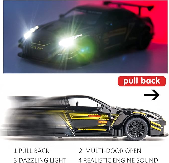 BDTCTK 1/24 Scale Compatible for Nissan GTR Model Car Toy, Zinc Alloy Pull Back Toy car with Sound and Light for Kids Boy Girl Gift (Black)