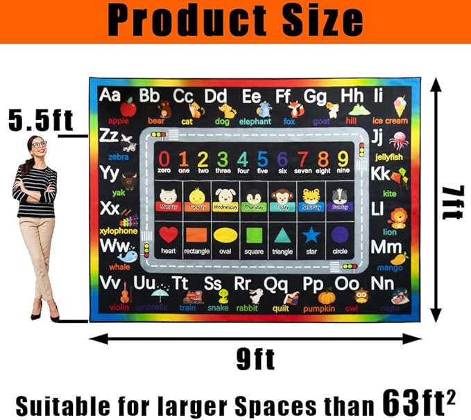 Classroom Rugs for Preschool, Daycare Rug for Classroom,Large Classroom Rug Elementary,Learning Alphabet Educational Rugs for Kids Playroom, Nursery(6'7''x8'7'', Black)