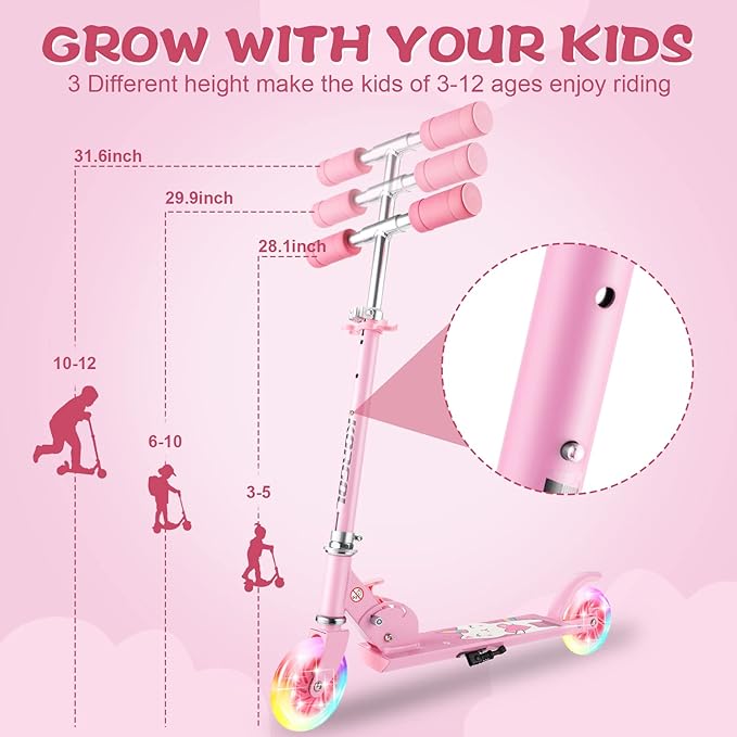 Scooter for Kids Ages 3-12 - Kids Kick Scooters with Led Light Up Wheels & 3 Levels Adjustable Handlebar, Lightweight Foldable 2 Wheel Girly Pink Scooter Christmas Birthday for Girls Boys.