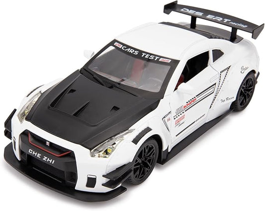 BDTCTK 1/24 Scale Compatible for Nissan GTR Model Car Toy, Zinc Alloy Pull Back Toy car with Sound and Light for Kids Boy Girl Gift (White)