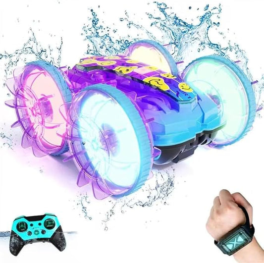 Amphibious Remote Control Car, 4WD Waterproof RC Stunt Car Toys with LED Lights, 360°Rotation RC Boat Water Beach Pool Toys for Boys, Christmas Birthday Gifts Toys for Kids Ages 4-7 8-12 Year Old