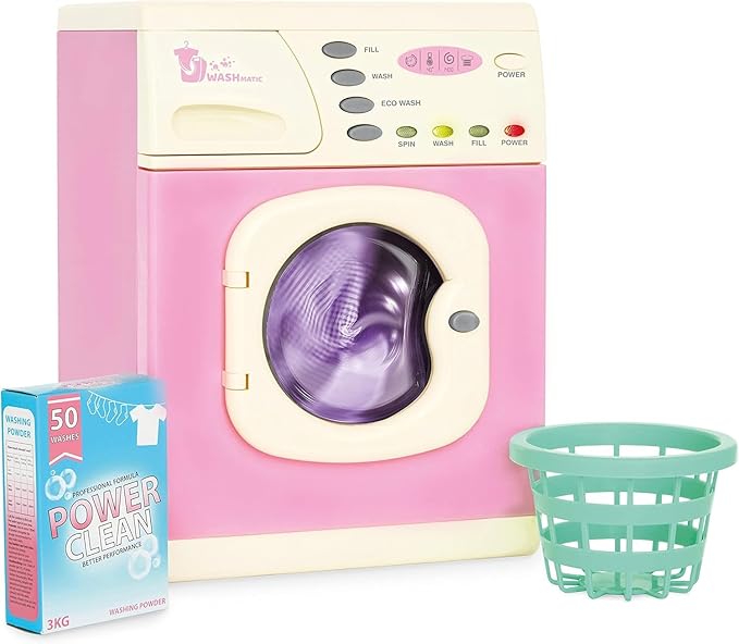 Casdon Pink Washer | Pink Toy Washing Machine for Children Aged 3+ | Features Spinning Drum & Sound Effects for Realistic Play!
