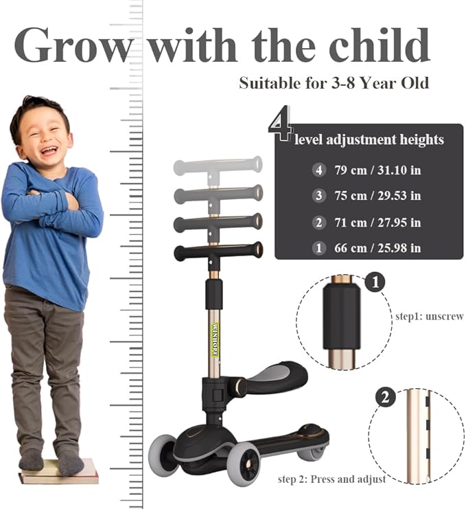 Winhope Kick Scooter for Kids, 2-in-1 Kick Scooter with Wide Deck,Folding 3 Wheel Children Scooter Outdoor Ride-On Toys for Boy Girl Aged 3-8