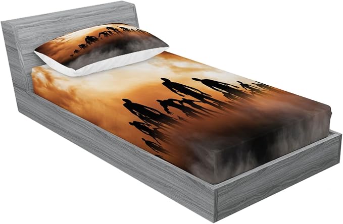 Ambesonne Halloween 2 Pack Fitted Sheet & Pillow Sham Set, Zombies Misty, 4 Pcs Bedding Decor, Package Contains 2 Twin Size Fitted Sheets & 2 Pillow Covers, Orange and Black