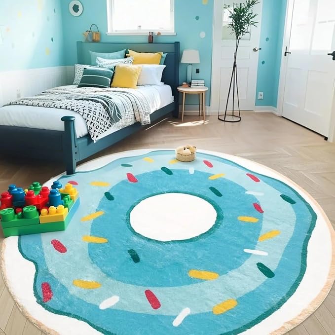 Kids Carpet Rug 5.2Ft Round Donut Bedroom Rug Circle Large Play Mat Playroom Area Rug for Boys Girls Nursery Classsroom Living Room Decor, Washable, Nonslip, Blue