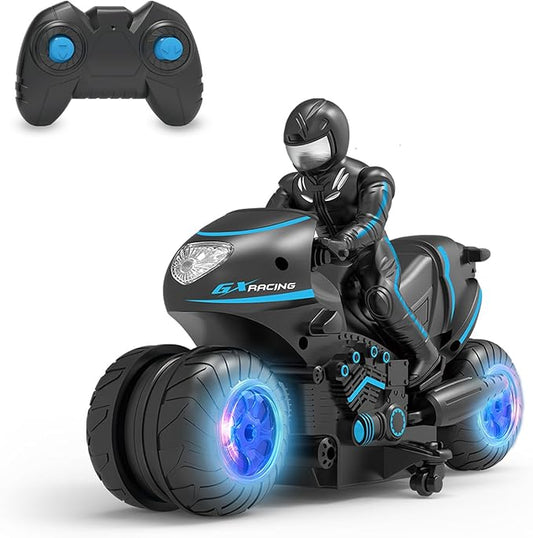 RC Motorcycle with LED Wheels, Remote Control Motorcycle 360° Spinning Wheels Stunt Motorbike - Rotating Drift 2WD High Speed Car Toys with Riding Figure - Gift for Kids Boys Girls - Blue