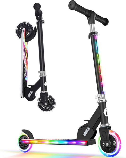 BELEEV V2 Scooters for Kids with Light-Up Wheels & Stem & Deck, 2 Wheel Folding Scooter for Girls Boys, 3 Adjustable Height, Non-Slip Pattern Deck, Lightweight Kick Scooter for Children Ages 3-12