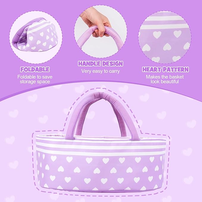 Aori 9 Pcs Reborn Baby Dolls Clothes with Bassinet for 17-22 Inch Baby Doll, Purple Carrier Bed and Baby Doll Clothes Accessories fit Newborn Girl Doll