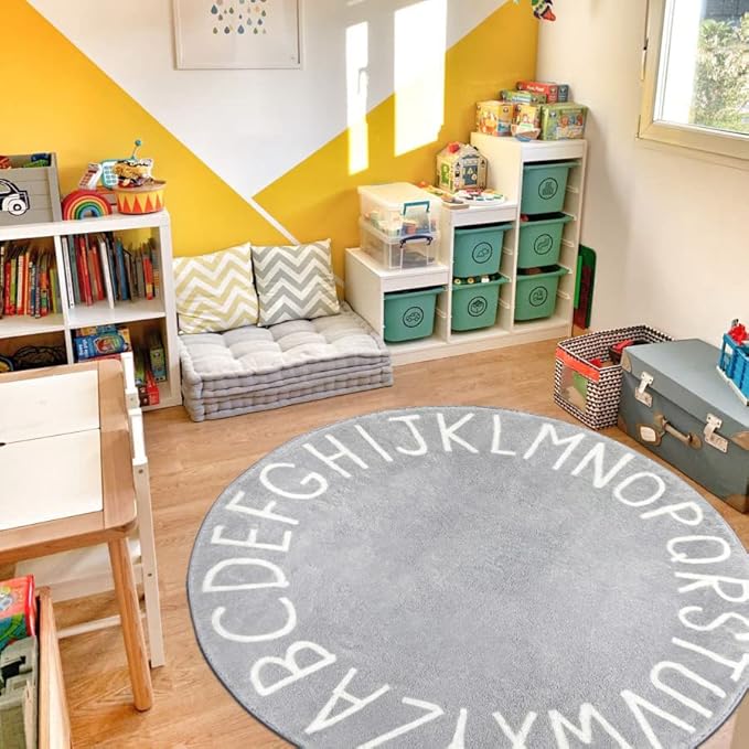 Topotdor Round Kids Play Rug Alphabet Nursery Area Rug Extra Large Soft Crawling Play Mat for Children Toddlers Bedroom (47 inch, Grey)