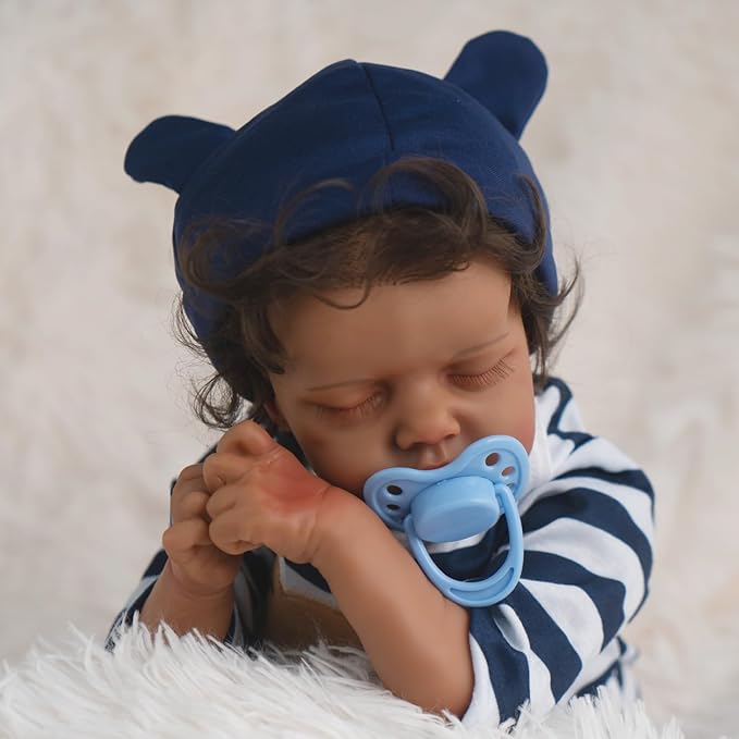 Jirachi Black Realistic Baby Doll Boy, 18-inch Black American Reborn Baby Soft Body Lifelike Doll with Feeding Toy for Kids Age 3+
