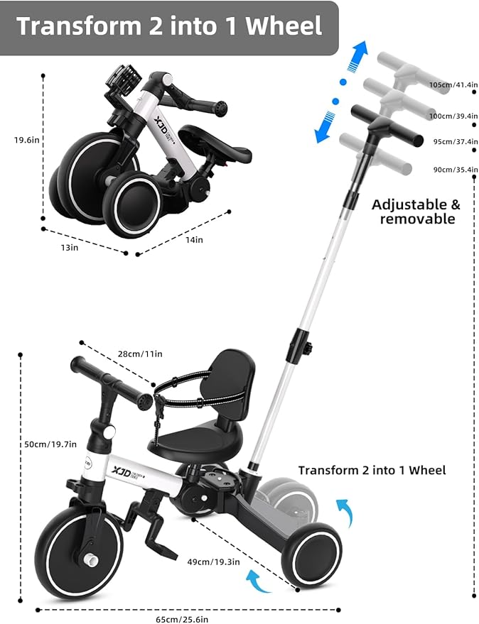 XJD Toddler Bike, 6 in 1 Folding Toddler Tricycle for 1-4 Year Old with Push Handle, Balance Bike with Removable Pedal,Backrest, Adjustable Seat Height and Handle, First Birthday Gifts (White)