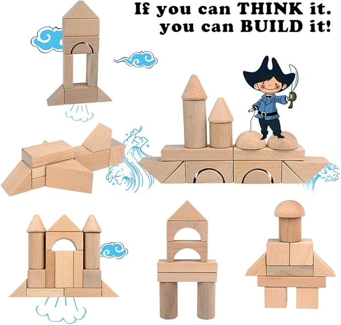 Wooden Building Blocks Set for Kids - Stacker Stacking Game Construction Toys Set Preschool Colorful Learning Educational Toys - Geometry Wooden Blocks for 3+ Year Old Boys & Girls