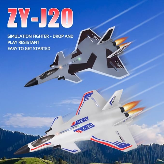 Remote Control Plane RTF J-20 Fire Fang 2.4Ghz 6-axis Gyro RC Airplane with Light Strip, Jet Fighter Toy Gift for Kids Beginner (Stealth Gray)