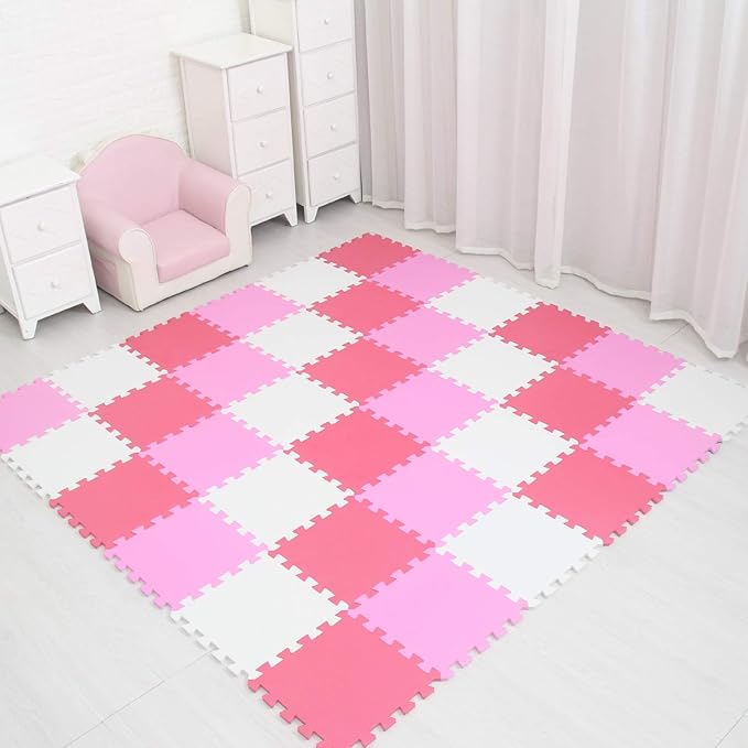 MQIAOHAM Outdoor/Indoor Protective Flooring Mats - Interlocking Reversible Floor Matting Suitable Gym, Play Area, Exercise, Yoga White Pink Rose 101103109