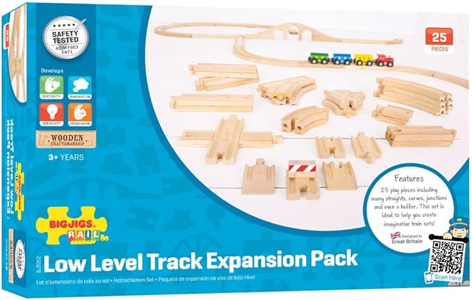 Bigjigs Rail Low Level Train Track Expansion Pack - 25pc Wooden Train Track for Train Sets , Quality Bigjigs Train Accessories , Compatible with most major Wooden Railway Brands