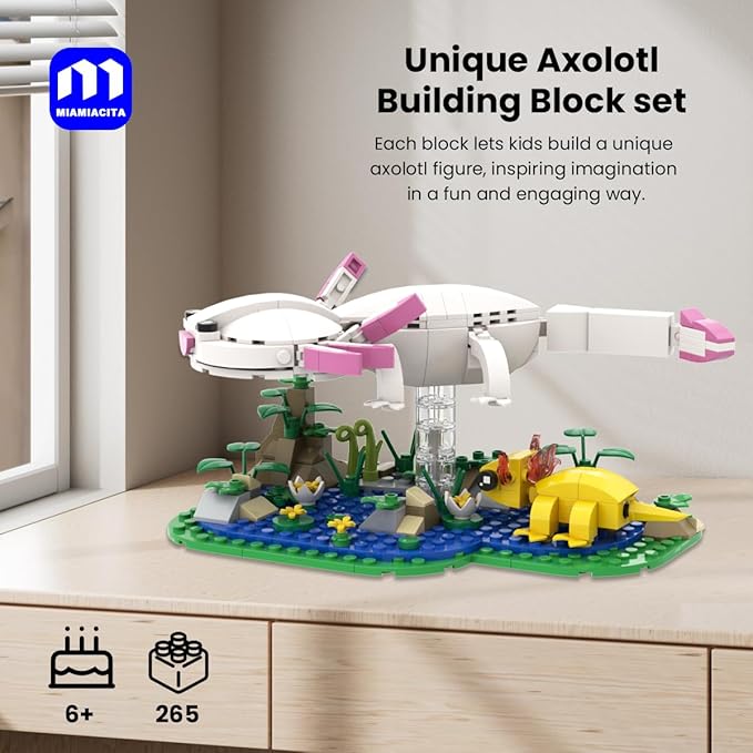 Axolotl Toy Building Set, Axolotl Doll Figures with Grass and River Scenery Accessories Building Kits, Axolotl Toys A Gift for Kids, Boys and Girls Ages 6 and Up