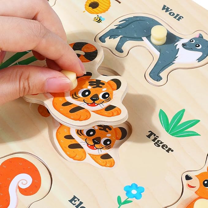 GRINNNIE Wooden Puzzles for Toddlers 1 2 3 Years Old, Montessori Toddler Toys 5PCS Peg Puzzles with Knob - Number, Alphabet, Shape, and Animal, Great Gifts for Boys Girls