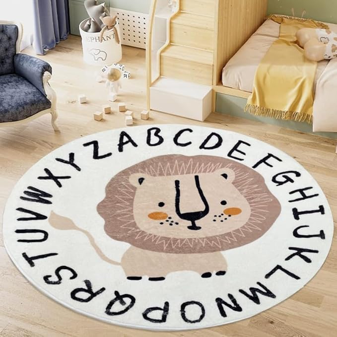 Poowe Cute Lion ABC Kids Play Mat Baby Nursery Rug Round Educational Alphabet Soft Area Rug Non Slip for Children Toddlers Bedroom (Round 47.2", ABC Lion)