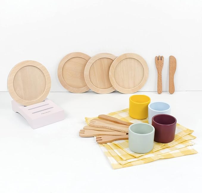Wooden Toy Plates and Dishes Set,Play Kitchen Cutlery and Plate Set,21Piece Kids Kitchen Playset Accessories for Toddlers Boys Girls Ages 3+