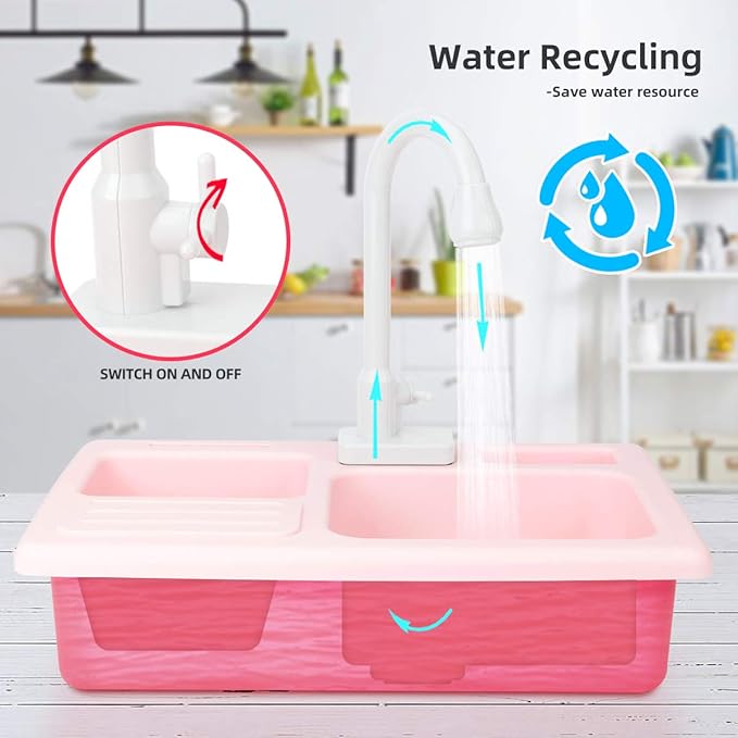 BOBXIN Play Sink with Running Water, Kids Pretend Play Kitchen Toy Sink for Girl, Role Play Electric Dishwasher Kitchen Water Toys Set with Upgraded Working Faucet and Dishes Playset for Boy Toddler