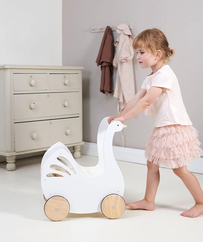 Tender Leaf Toys - Sweet Swan Pram - Wooden Swan Shape Dolls Stroller - Inspired Role-Play Toy for Boys and Girls, Improve Gross Motor Skills and Creativity - Age 18m +
