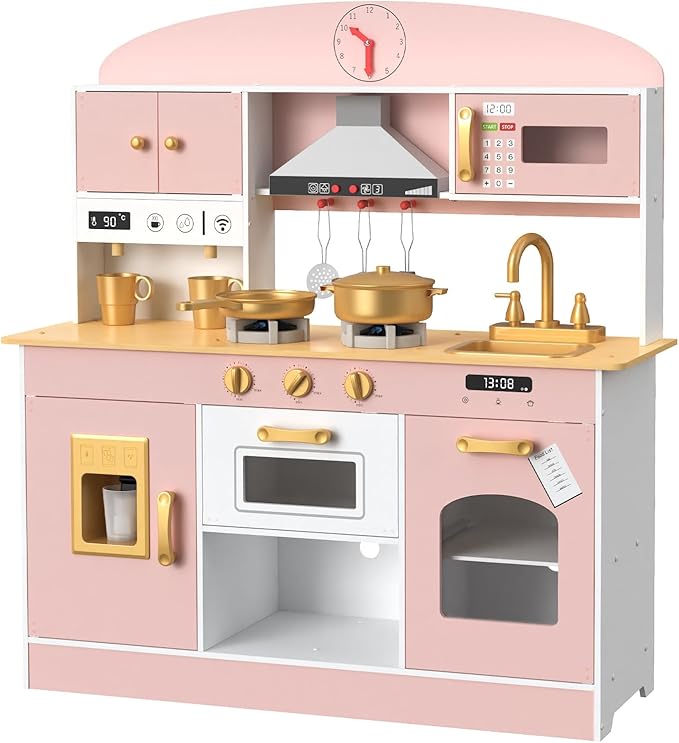Babytronic Wooden Play Kitchen Set, Pretend Play Kitchen with Lights and Sounds for Kids Ages 3+, Includes Stove, Oven, Microwave, Coffee Maker, and Accessories, Toy Kitchen Set for Toddlers (Pink)