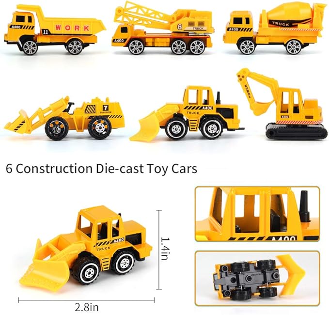 25 Pack Transport Construction Airplane Toy Play Vehicles Set for Kids Gifts, with 6 Construction Die-cast Toy Truck, 11 Road Signs-Suitable for 3 4 5 6 Year Old Boys and Girls