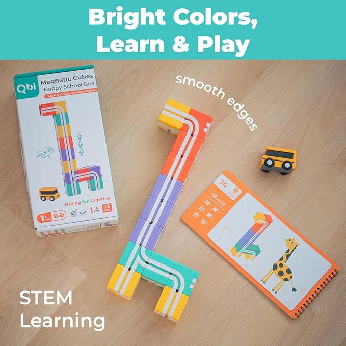 QBI Magnetic Blocks STEM Toys for Toddlers Aged 1+ Year Old Boys & Girls｜3D Colorful Magnetic Building Blocks with School Bus｜Magnet Block for Kids｜Educational & Montessori Preschool Kids Toy (13PCS)