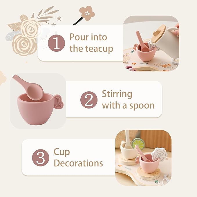 Tea Party Set for Kids - Wooden Tea Set for Little Girls 15PCS Silicone Toddler Tea Set Kitchen Accessories Pretend Play Toy Tea Set for Toddlers - Birthday Gift (Purple)