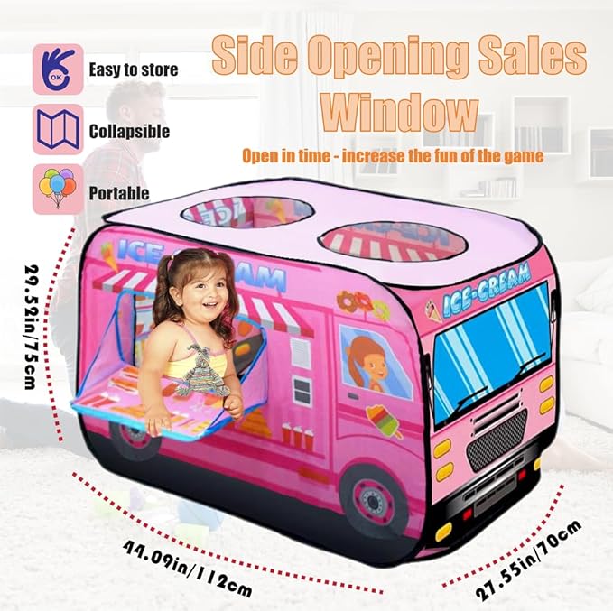 Pop Up Tent for Kids.Ice Cream Truck Play Tent.Large, Easy to Organize Icecream Shop for Kids.Ice Cream Cart for Kids.Birthday Gift for Girls & Boys.Can Be Played with by 2-3 Kids