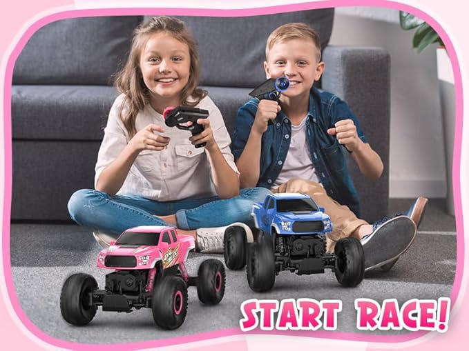 Double E Raptor F150 RC Car 4WD 2 Motors Monster Trucks for Girls, 11 Inches Off Road Crawler Vehicle Truck Toy with Rechargeable Battery Gift for Kids 6 7 8 9 10 11 12 Years-Pink