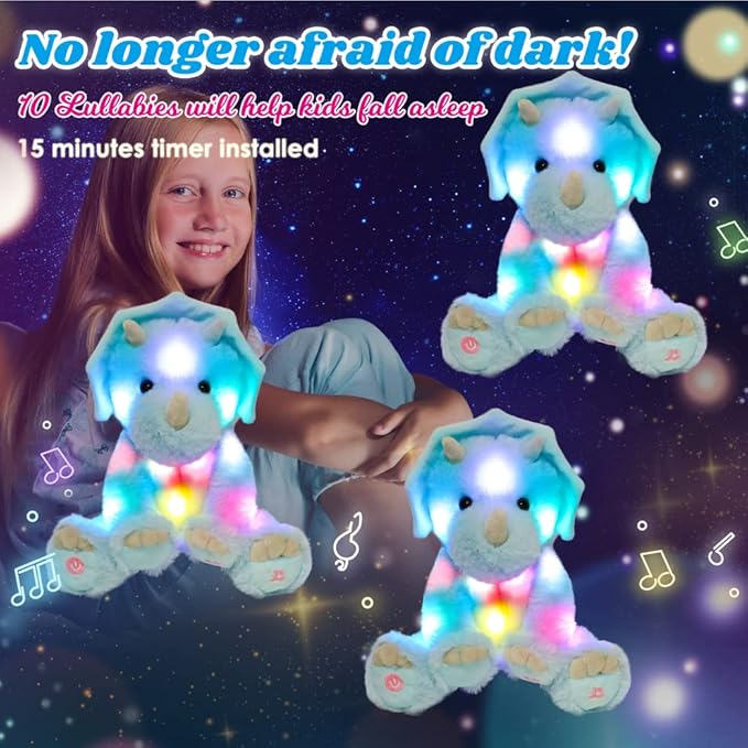 Cuteoy Blue Triceratops LED Musical Stuffed Animal Light-up Singing Plush Dinosaur Adjustable Volume Lullaby Plushies Birthday Christmas Toy Gifts for Kids Toddler Girls, 13"