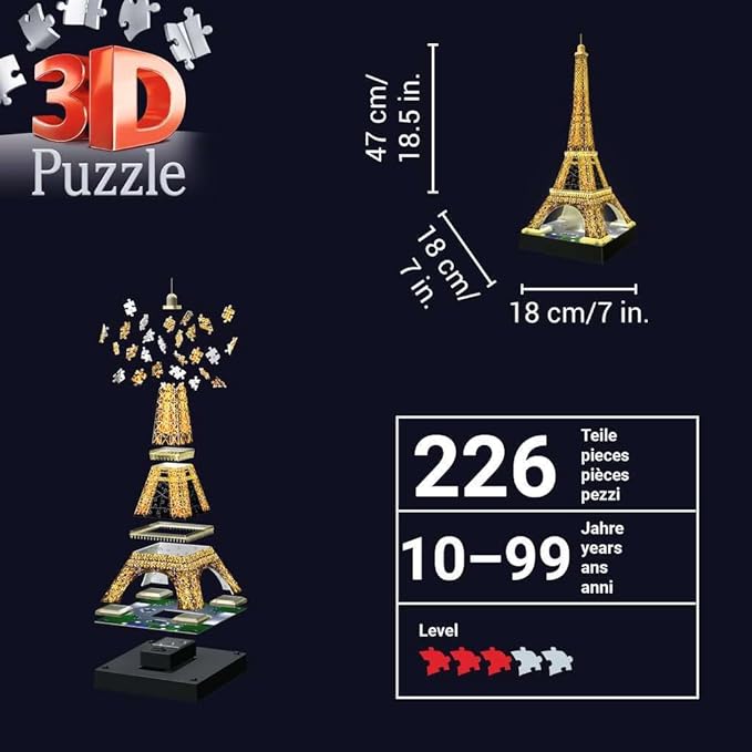 Ravensburger Eiffel Tower - Night Edition | 216-Piece 3D Jigsaw Puzzle for Kids and Adults | Precision Fit with Easy-Click Technology | Displayable & Durable Model | Over a Century of Quality