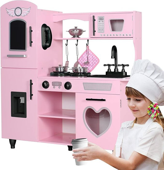 TaoHFE Kitchen Set for Kids Wooden Play Kitchen Toy Sets for Girls Gift Pink Kitchen for Toddlers Kitchen Playset Toys for Kids Age 3+ Pretend Play with Lights & Sounds (Pink)