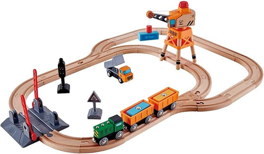Hape Crossing & Crane Set | 32-Piece Wooden Railway Cargo Playset for Kids Multicolor
