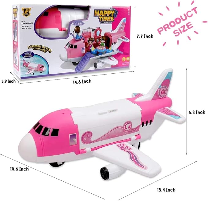 Pink Airplane Toy Private Jet Transport Cargo Vehicle - Big Large Aircraft Plane with Figures and Beauty Accessories Pretend Playset for Toddler Girls